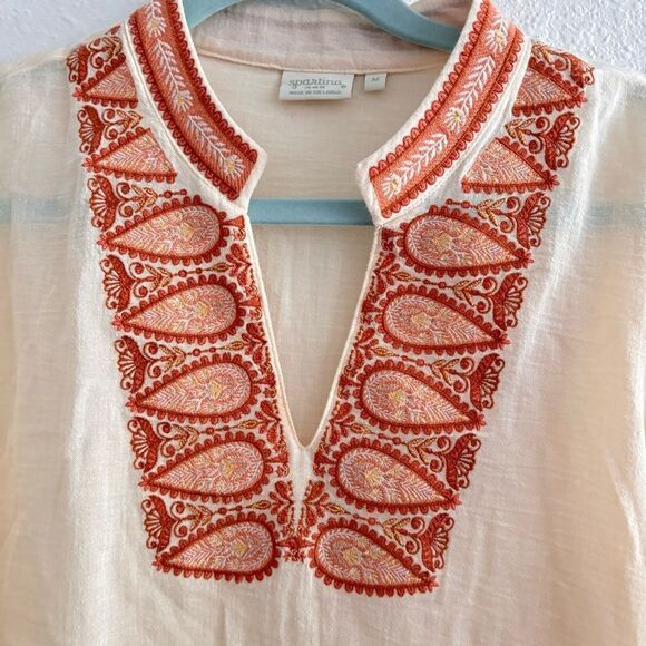 Spartina 449 Tunic Top M Light Beige Rust Brownish Red Pink Embroidered Detail - Picture 3 of 5